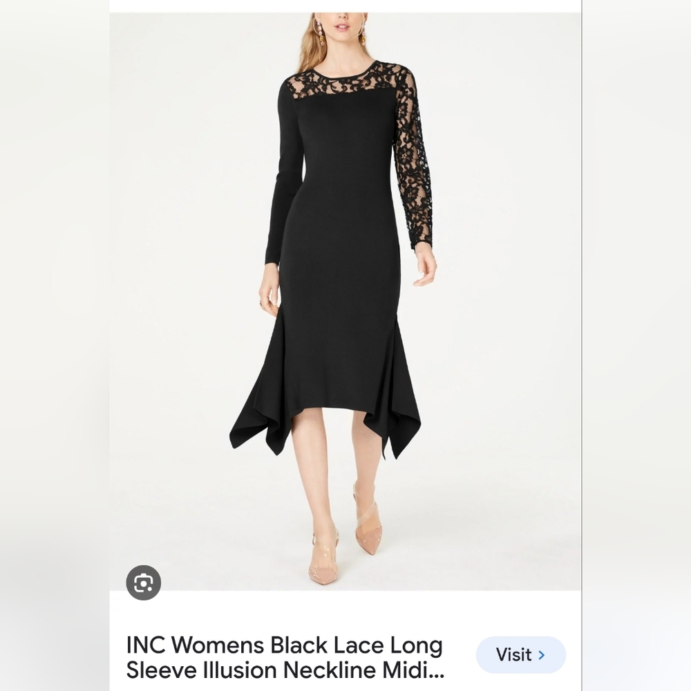 INC brand black lace illusion neck asymmetric hem midi dress, long sleeve size M